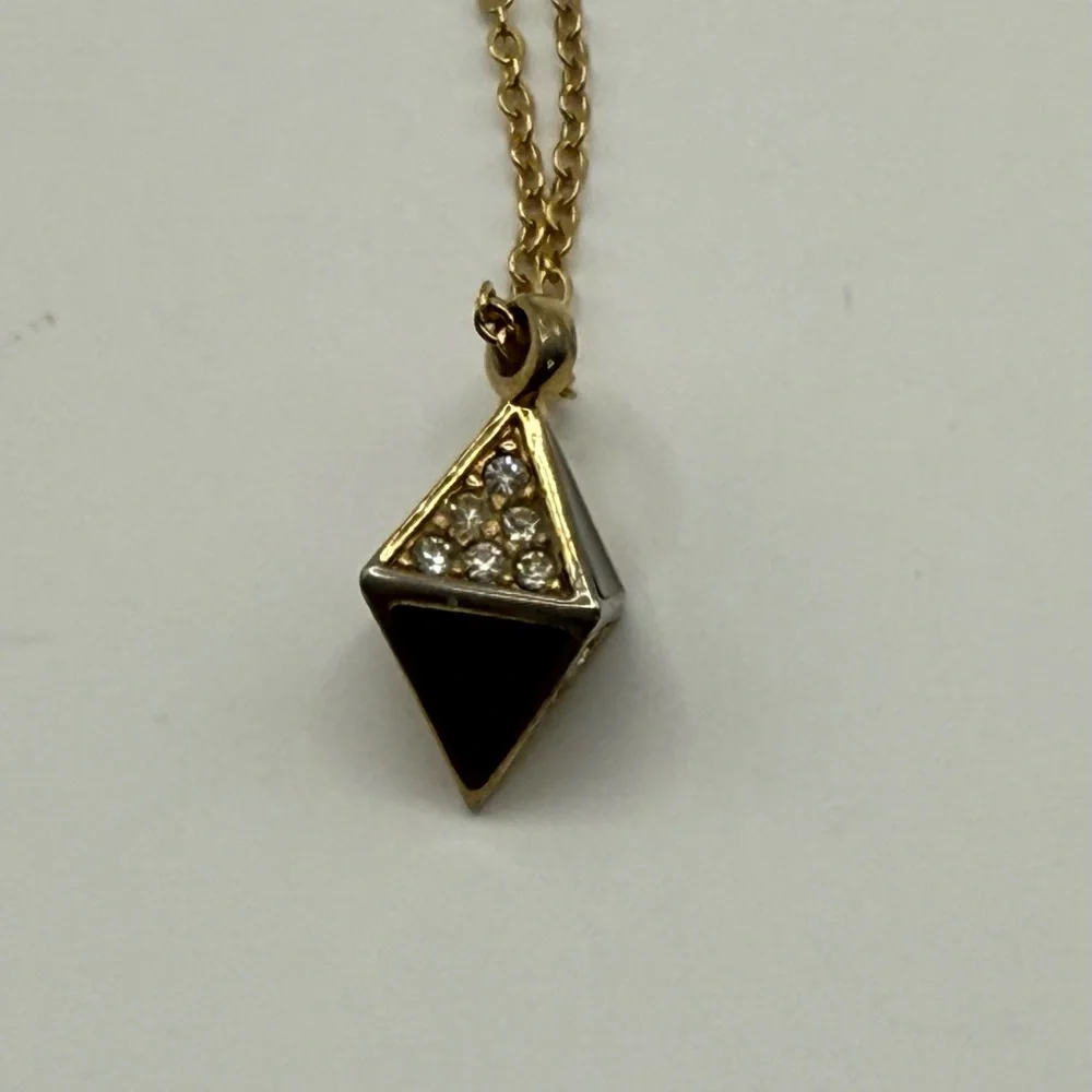 Vintage Dior Gold rhinestones, and black Triangle Pendant with chain Necklace - Picture 9 of 12